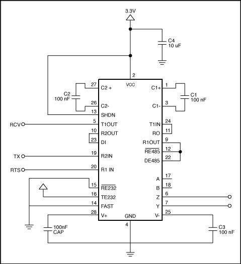 Figure 9. The MAX3162 converts bidirectionally between RS-232 and RS-485 signals in a multipoint application.