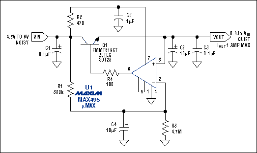 Figure 1. This compact circuit actively compensates for power-supply ripple and noise, providing 40dB of attenuation in the 100Hz to 20kHz audio band.