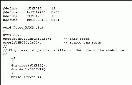 图9. 复位MAX3420E，在结束前等待OSCOK的实例代码。
