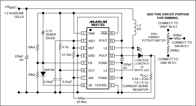 Figure 1. This white-LED driver operates on one or two alkaline cells, with voltages starting as low as 0.8V.