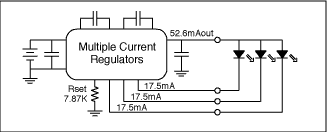 图4. 白色LED通常有四种不同的驱动电路：(a) 电压源与镇流电阻，(b) 电流源与镇流电阻，(c) 多路电流源，(d) 一路电流源驱动串联LED。