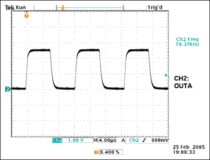 图4. 一个输出为80kHz方波的实际示波器测试图