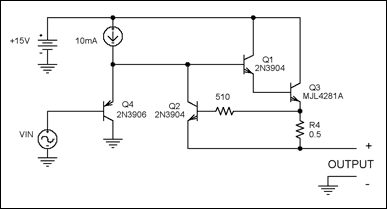 Figure 1. A small-signal transistor (Q2) provides an output current limit for this power amplifier.