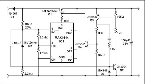 Figure 1. This circuit protects a load (connected to the right pair of terminals) against undervoltage and high-voltage transients in the supply voltage (connected to the left pair of terminals).