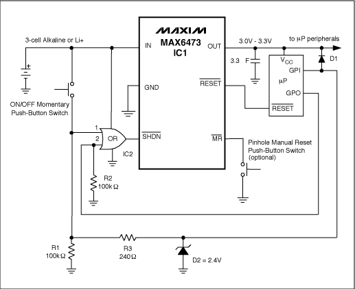Figure 1. This 1-button turn-on/turn-off circuit is implemented with an LDO and a single OR gate.