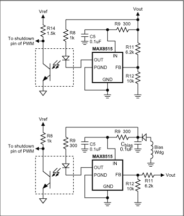 Figure 2. OVP circuit using MAX8515 powered from output voltage of DC-DC converter.