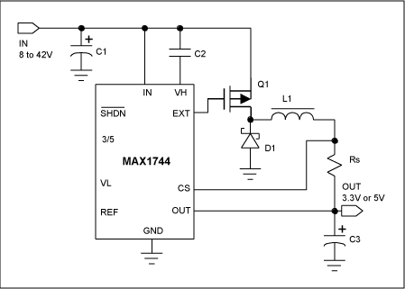 Figure 1. Typical asynchronous buck converter based on the MAX1744 control IC.