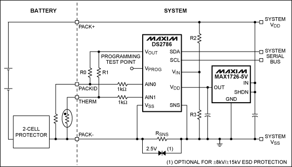 图1. DS2786在2节Li+/锂聚合物电池供电系统主机侧的应用