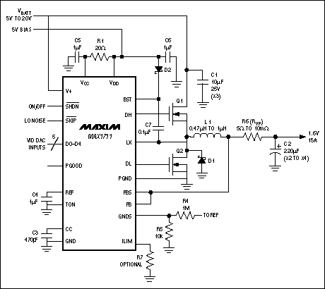 Figure 3. This efficient 15A regulated supply easily converts to a voltage-positioned design with the addition of three resistors: R4, R5, and R6 (RVP).