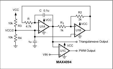 Figure 1.  This 3-op-amp circuit produces a triangular wave and a variable-pulsewidth output.