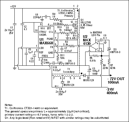 This circuit uses the MAX668 and a transformer (which will need about a 1:2:2:2 turns ratio) to make a flyback converter. The op amp inverts the feedback from both negative output voltages.