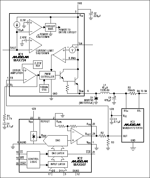 Figure 12. A 0-5A programmable current source (MAX4173).