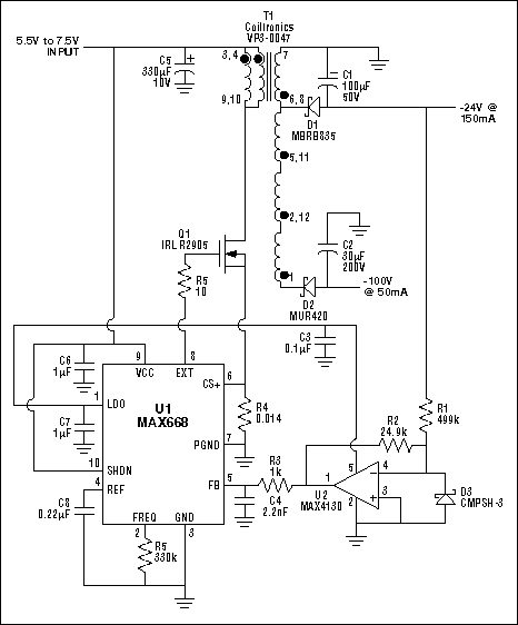 Figure 2. The transformer flyback topology allows the on-hook (-100V) and off-hook (-24V) voltages to be generated using a single controller by adding an extra secondary winding.
