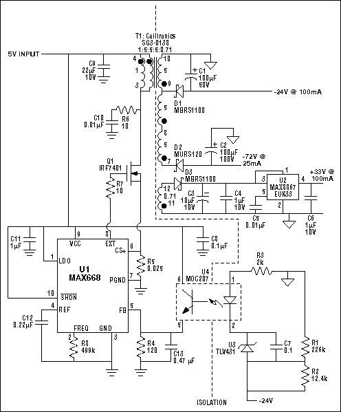 Figure 5. Electrical isolation between the input and the output is implemented by taking advantage of the inherent isolation provided by the transformer and adding isolation for the feedback voltage.