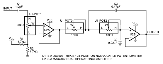 图1. 用DS3903构成的音频低通滤波器.