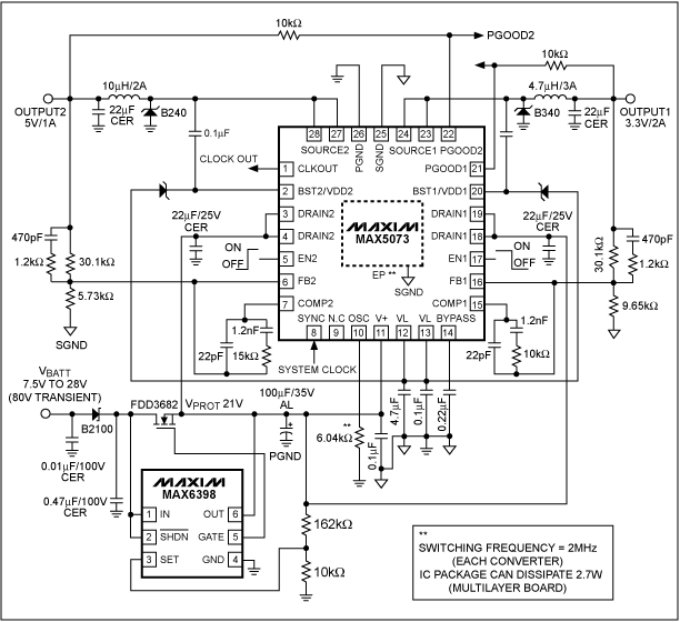 图 6. MAX5073 2MHz buck转换器配合MAX6398保护开关的典型电路，该设计具有高性能以及较高的抗干扰能力。