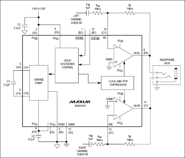图 2. 单电源供电耳机放大器，内置电荷泵省去了大尺寸隔直流电容。 