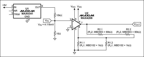 图2. MAX4208配合外置rejustor实现360V/V增益