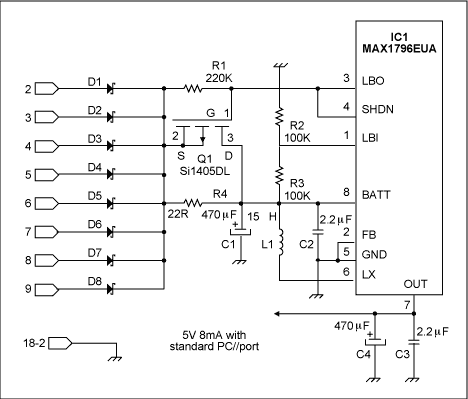 Figure 1.This circuit robs about 40mW (8mA at 5V) from an 8-bit data port whenever you program all bits high.