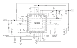 图4. MAX5072双输出型降压和升压变换器的输出电压在输入电压范围的中间。降压变换器1的输出为变换器2 (升压)供电。3.3V为芯片组提供电源，12V为线驱动器提供电源。