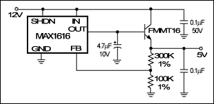 Figure 1. An external emitter-follower increases the output current while maintaining the low quiescent current of this LDO regulator.