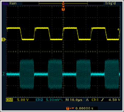 Figure 4. Response of the MAX9930 RF-detecting controller to the RF input signal with a modulation frequency of 10MHz, a 40kbps data rate, and a -40dBm OOK signal. REF is set at 500mV. Output digital bits are shown in yellow, and the input RF signal is blue. 