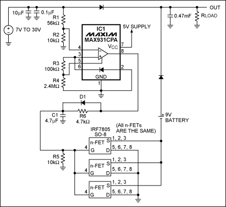 Figure 1. IC1, the MAX931 comparator, monitors the main supply voltage. It also turns on the backup battery by grounding its negative terminal when the main supply drops below 7.4V.