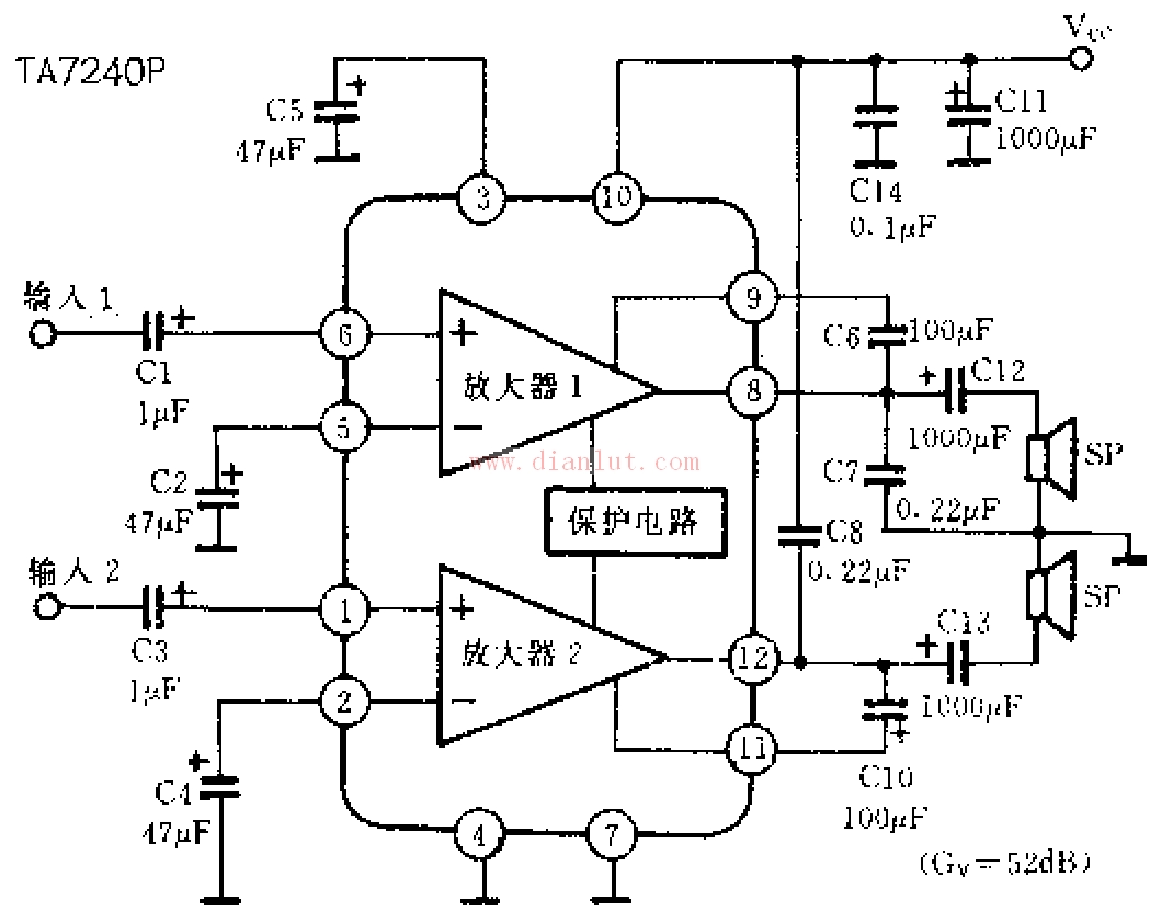 TA7240P功率放大电路-应用电路