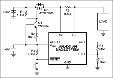 Figure 1. The NPN transistor, Q1, extends the output swing of the comparator output, COUT1, in this circuit breaker.