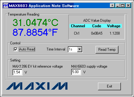 Figure 4. The reference design's software measures the temperature from the EV kit and voltage from the MAX6603.