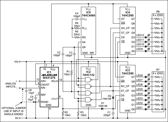 Figure 1. This stand-alone panel-display circuit drives a 12-LED logarithmic column, whose height changes by one LED for each 6.02dB change in the input voltage.