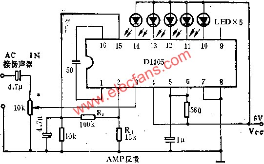 D1405电平指示驱动电路作竟音量表的应用电路图  www.elecfans.com