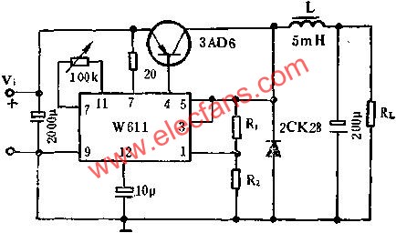 W611组成自激式开关稳压电路图  www.elecfans.com