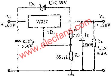 用W317提高输出电压应用线路图  www.elecfans.com