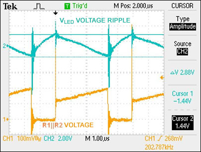 图7. 输出电压(交流耦合)和开关MOSFET检流电阻的电压