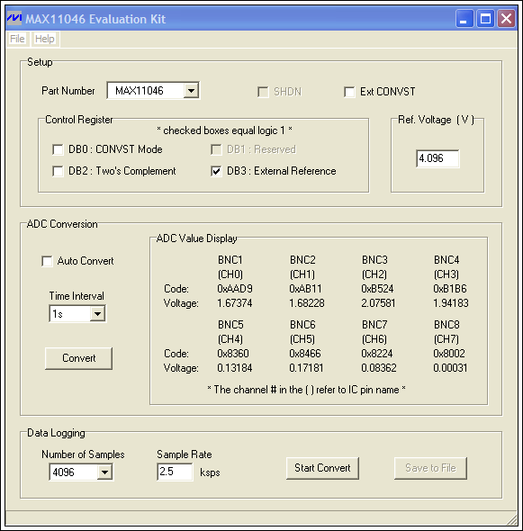 图6. MAX11046评估板的GUI，便于设计人员选择不同的测量条件，这里选择2.5ksps采样率和4096个采样点。