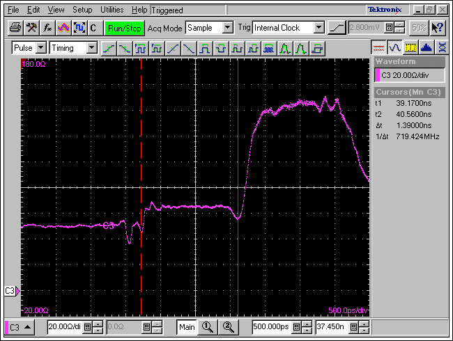 图8. 波形与图7相同，但为扩展后的波形，测量延时。