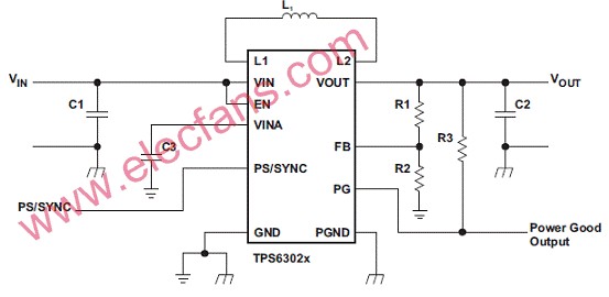 TPS6302x可调输出电压典型应用电路图