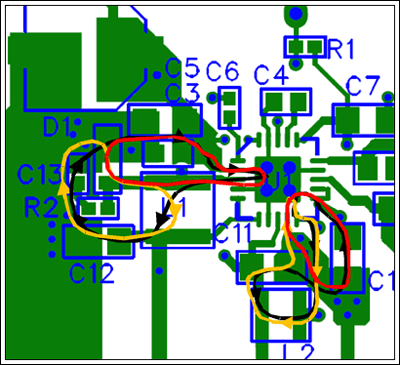 图12. 电流通路：黑色表示开关导通期间；橙色表示开关断开期间；红色是两者的过度。