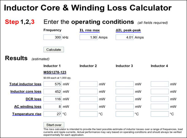 Figure 10. Inductor temperature rise. The calculator is available from Coilcraft®.