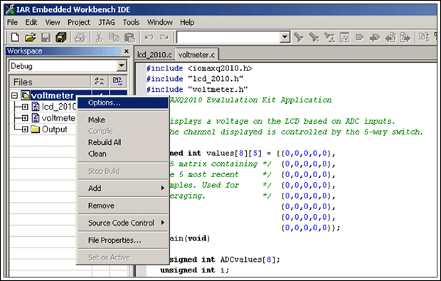 Figure 1. To verify that the JTAG is set to the correct COM port, start with the Options menu.