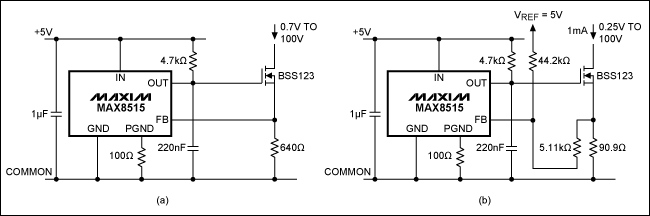 Figure 1. These current-sink circuits produce 1mA with an output-compliance range of 0.7V to 50V (a), and 0.25V to 50V (b).