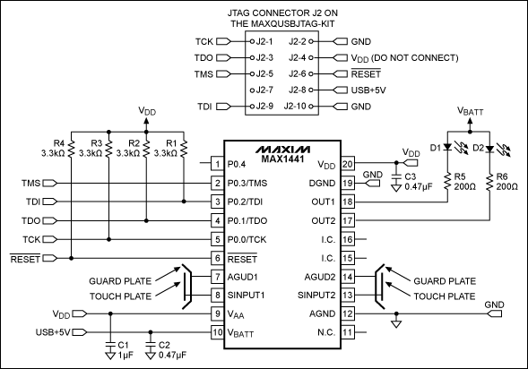 Figure 1. JTAG interface connections between a MAX1441 application circuit and the MAXQUSBJTAG-KIT board.