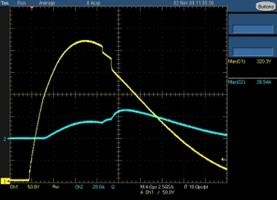图4，标准8/20 μs IEC61000-4-5波形与350V和2-Ω线路阻抗条件下的旁路二极管