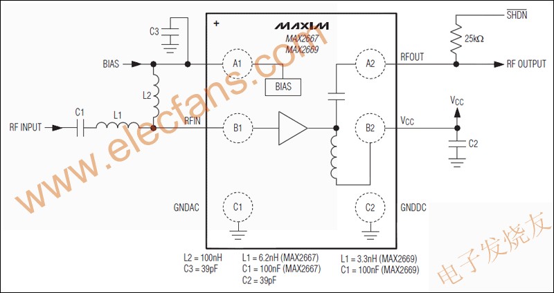MAX2667/MAX2669高增益，低噪声放大器(LNA)  来源： 电子发烧友