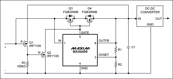 Figure 1.This automotive power supply withstands input-voltage transients up to 72V, and maintains a regulated output despite brief shorts and opens in the input supply voltage.