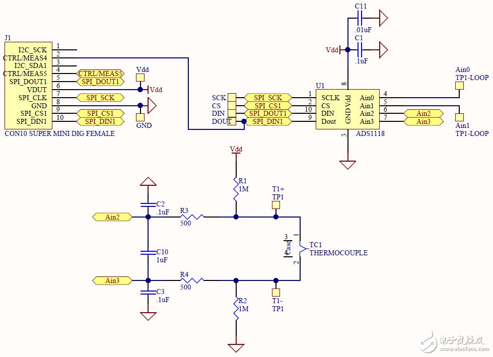 简单的热电偶测量解决方案电路图（精度小于1℃） 