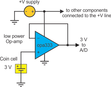 连接 OPA333 单位增益放大器，监控纽扣电池电压