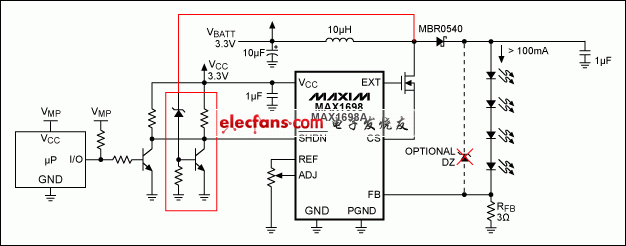 Figure 3. Adding a zener diode and transistor to the Figure 1 circuit provides low-power protection for the MOSFET and Schottky diode.