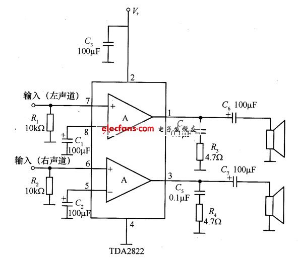 TDA2822用于立体声功放的应用电路